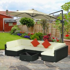 7 Pieces Rattan Garden Furniture Set, Corner Sofa Set w/ Cushion & Pillows Black