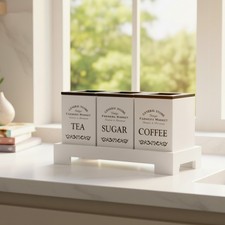 White Wooden Kitchen  Retro Tea Coffee Sugar 3 Piece Canister Set with Stand