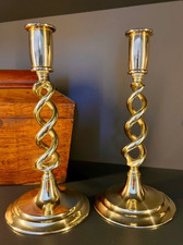 Antique pair of Edwardian brass barley twist candlesticks c1910