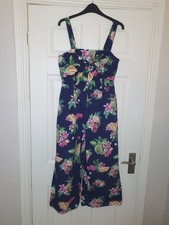 Zara Jumpsuit Wide Leg Cropped With Pockets Tropical Print Size Small Navy Blue