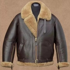 Men's Brown RAF B3 Aviator Bomber Shearling Fur Coat Sheepkin Leather Jacket
