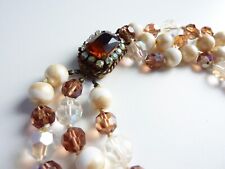 Fab heavy vintage glass citrine pearl 3 strand necklace huge clasp 1950s knotted