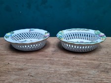 2 Herend Porcelain Oval Basket Weave Trinket Dishes with Moulded Decoration