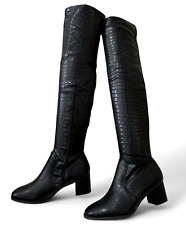 Ladies Thigh High Boots Womens Over The Knee Block Mid Heel Stretchy Shoes Sizes
