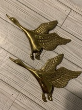 Vintage Brass Flying Goose Wall Art Pair Mid Century Swan Bird Decor Gold Metal