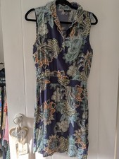 Warehouse Navy Green Paisley Sleeveless Shirt Dress Size 12 Summer Holiday Boho