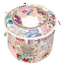 Indian Retro Embroidered Patchwork Large Round Pouf Cover Footstool 22” X 13.5”