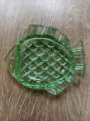 Green glass dish vintage fish - glass,