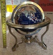 VINTAGE BLUE SEMI PRECIOUS STONE GEMSTONE GLOBE BRASS BASE 8" - world map