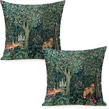 Set of 2 William Morris Pillow Covers, Forest, Fox, Hares, Blue/Green, Floral, 