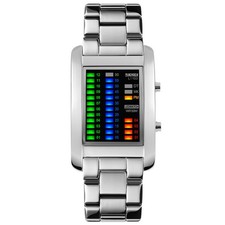 SKMEI Mens Binary Matrix LED Quartz Stainless Steel Water Resistant Sport Watch