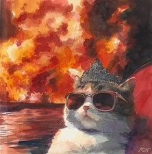 original painting 30 х 30 cm 196MT artwork watercolor modern joke with a cat