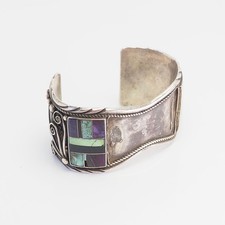 Vintage Navajo handmade sterling silver inlaid gemstones watch bracelet signed T