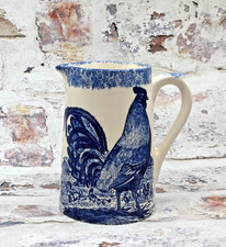 Moorland Cockerel Chicken Rooster Jug  Blue and Cream Spongeware Staffordshire