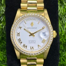 Rare Sandoz President Automatic ETA Swiss Roman Dial White Diamond Gold Unworn