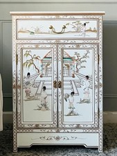 Oriental Chinese White Lacquer Cabinet with Mother of Pearl Inlays