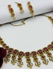 Antique Gold Plated American Diamond Necklace With Earring And Maang tikka Set