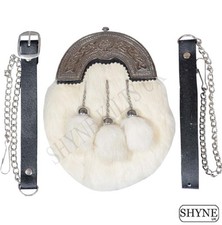 White RABBIT FUR FULL DRESS SPORRAN WITH CHROME FINISH CANTLE 3 GREY TASSELS