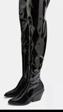 Topshop Black Bamboo Knee High Patent Block Heel Boots Size 4 RRP £89