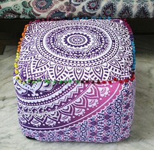 Large Indian Mandala Cotton Square Ottoman Pouf Cover Footstool Seating Pink