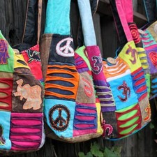 Ladies Crossbody Bag - Hippie Boho Hobo Festival Cotton Bags - Elephant OM Peace