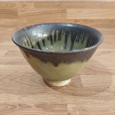 Attractive Studio Pottery Footed Bowl Green & Black Drizzle / Drip Effect Signed