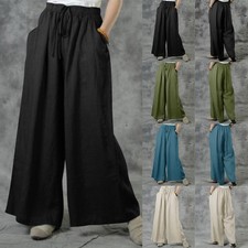 Plus Size Women Cotton Linen Harem Pants Wide Leg Baggy Casual Trousers Palazzos