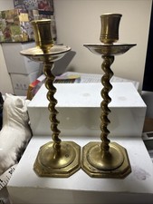 Antique Brass Barley Twist Candlesticks Holders - Matching Pair & 21cm Tall