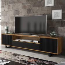 TV Unit 200cm Sideboard Cabinet | Oak & Black Wave Doors | Modern TV Stand