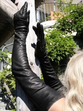 Women Real lambskin Sheep Leather Shoulder Party Long Gloves Black