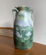 Antique VICTORIA Austrian Vase Hand Painted Swans & Lake Scene Handles 6.75” VGC