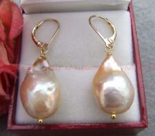 14x21mm Huge Natural South Sea Pink Kehsi Baroque Pearl Gold Dangle Earrings