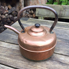 Old Vintage Antique Large Copper & Wrought Iron Kettle With Coil To Base - AF