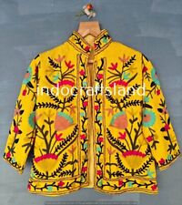Yellow Women's Jacket Clothing Jackets 100%Cotton Suzani Floral Print Jacket Art