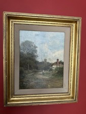 Original Victorian oil painting signed Cottrell church landscape Gilt frame