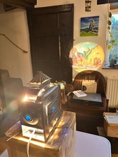 Antique Magic Lantern Projector and 35 vintage colour slides in wooden frame