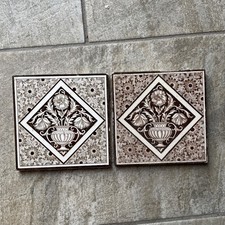 2 Vintage Ceramic Tiles Floral Brown Decorative 6” x 6”