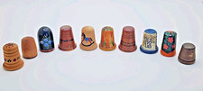 10 Vtg Wood Wooden Thimbles Hand Carved Painted Souvenir Florals Plain Glossy