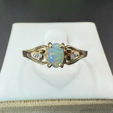 Australian Solid Black Opal Ring 14K Gold with 2 Diamond Size M