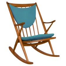 MCM Danish Modern Leather Seat Teak Rocking Chair by Frank Reenskaug for Bramin