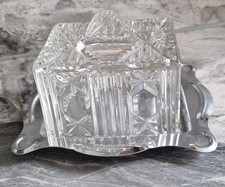 Vintage Butter Dish Crystal Cut Glass With Steel Server Bottom Cheese 