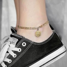 5mm WOMEN Figaro Chain Initial A Charm Anklet Stainless Steel Hexagon Alphabet