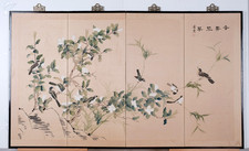 1970s Japanese Byobu Springtime Birds & Blossoms 4-Panel Folding Screen G+