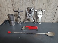 MR BARTENDER BAR ITEMS: Lot of 6: Whisk, Jigger, Can Opener, Squeezer, Spoon VTG