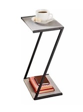 Small 2-Tier Side Table with Shelf  Z-Shape Legs, Bedroom Coffee Tea End Table