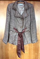 Zara Woman vintage brown tweed jacket UK10 fringe ribbon belt pockets blazer