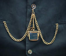 18ct Gold Plated Double Pocket Watch Albert Chain with Square Bloodstone Spinner