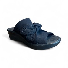 BZees Smile Slide Sandal Black Fabric Women 10M Rhinestone Bow Bling