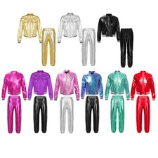 Kids Girls Shiny Metallic Tracksuits Jacket with Pants Set Hip Hop Street Dance