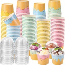 100 Count 6 oz Ice Cream Paper Cups with Clear Dome Lids No Hole Bulk Disposable